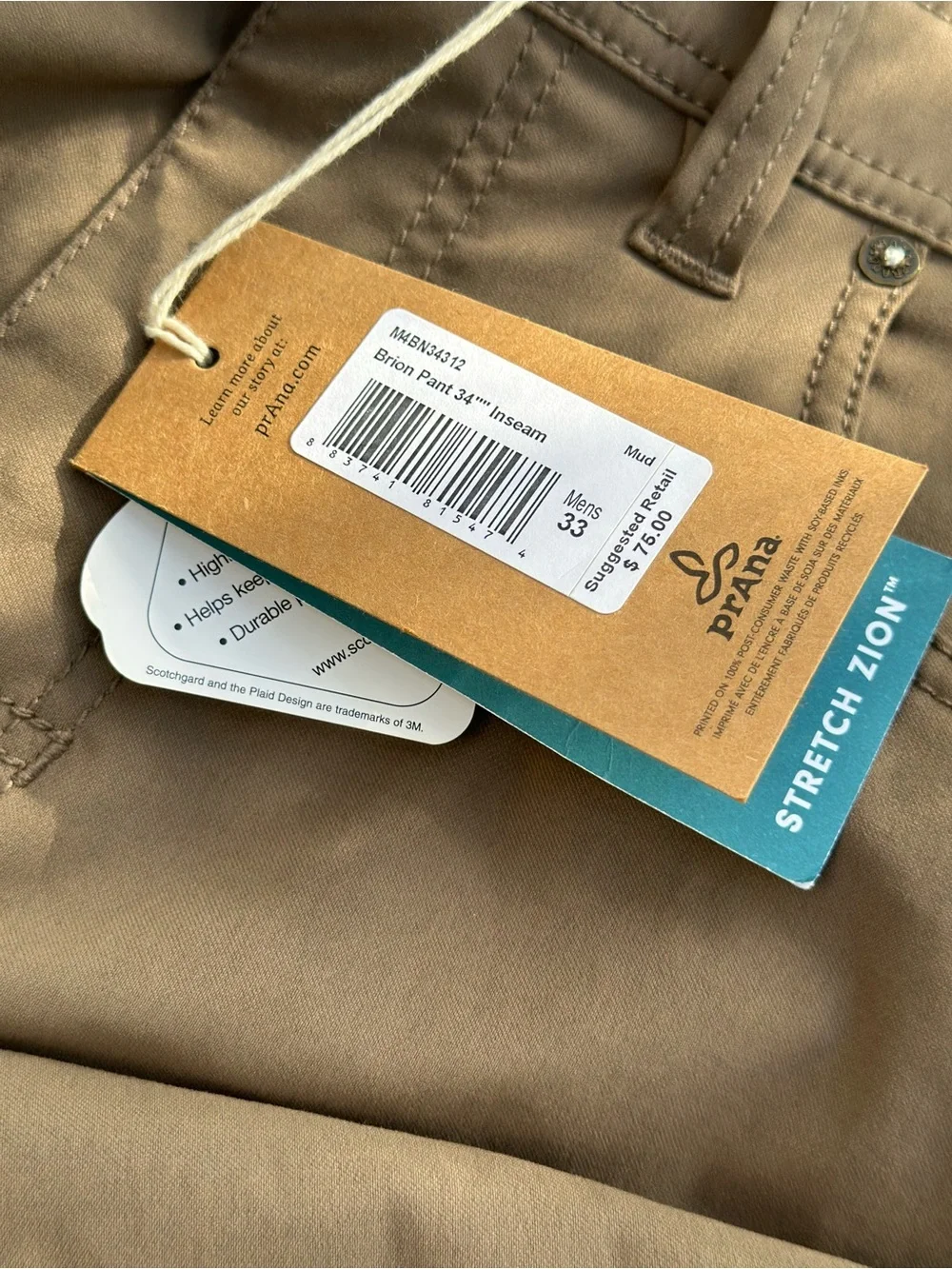 Prana Brion Pants Men’s 33x34 Slim Fit Stretch Zion Mud NWT